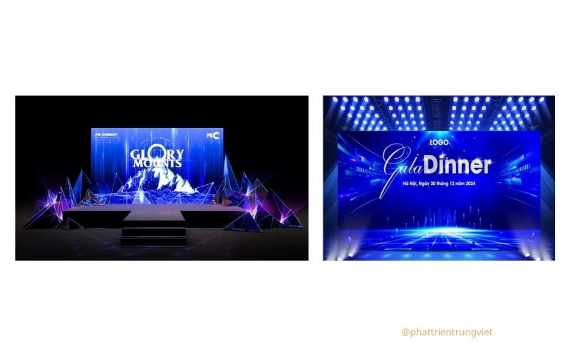 Backdrop Year End Party hiện đại với hiệu ứng đèn LED và Neon